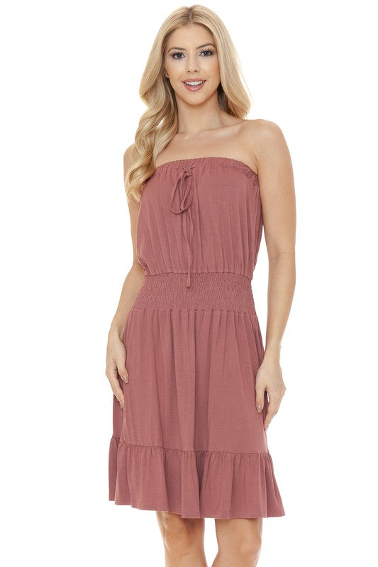 Women Smocked Knee Length Strapless Fitted Tube Midi Dress Zarnesh