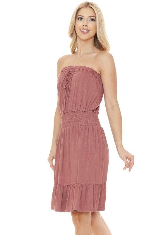 Women Smocked Knee Length Strapless Fitted Tube Midi Dress Zarnesh
