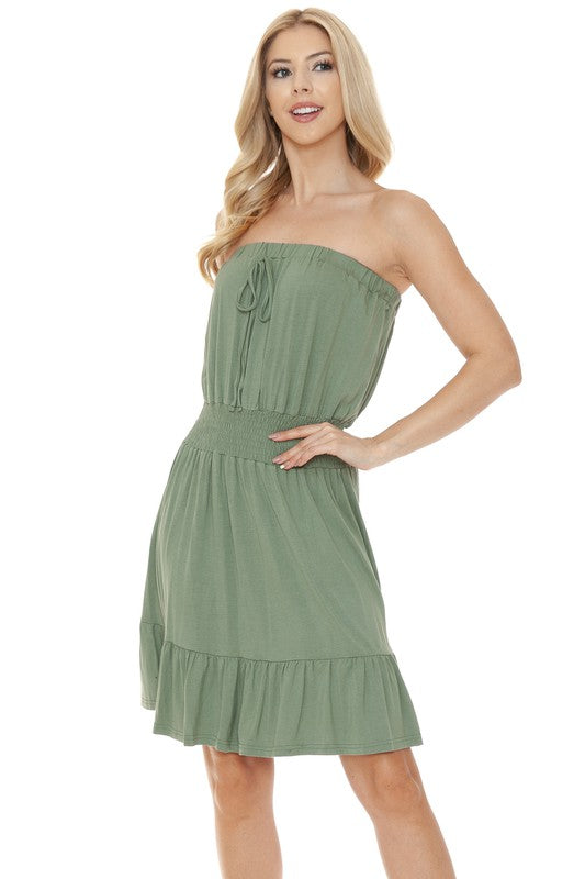 Women Smocked Knee Length Strapless Fitted Tube Midi Dress Zarnesh