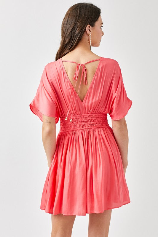 Women Smocked Waist V Neckline Short Sleeve Tassel Strap Dress Zarnesh