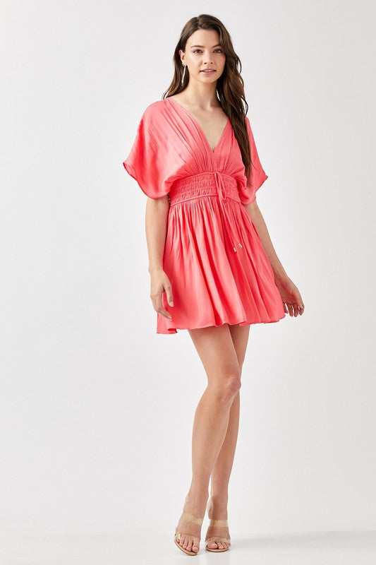 Women Smocked Waist V Neckline Short Sleeve Tassel Strap Dress Zarnesh