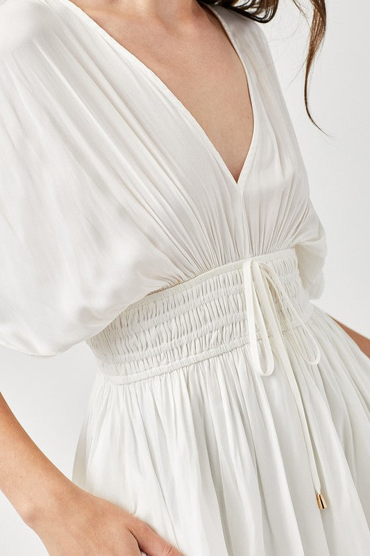 Women Smocked Waist V Neckline Short Sleeve Tassel Strap Dress Zarnesh