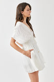 Women Smocked Waist V Neckline Short Sleeve Tassel Strap Dress Zarnesh
