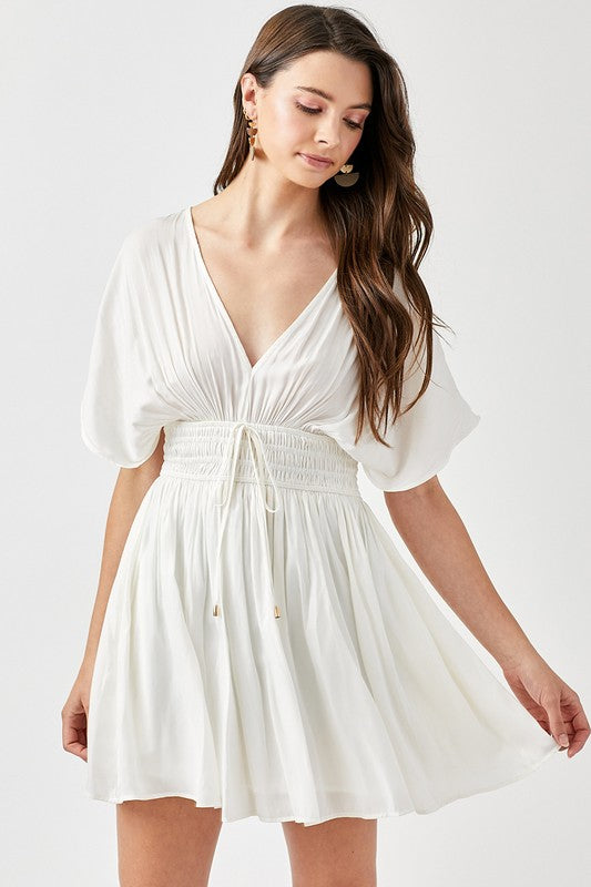 Women Smocked Waist V Neckline Short Sleeve Tassel Strap Dress Zarnesh