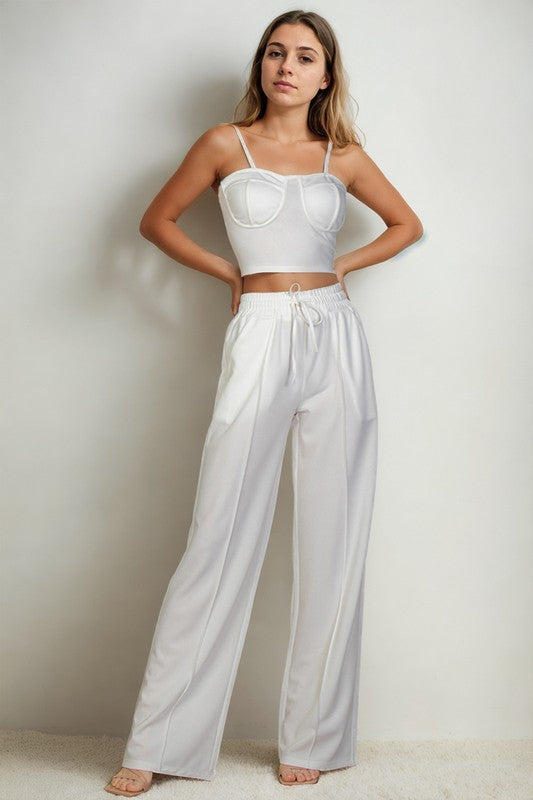 Women Soft  Bustier Crop Cami Top Slant Pocket Straight Pants Zarnesh