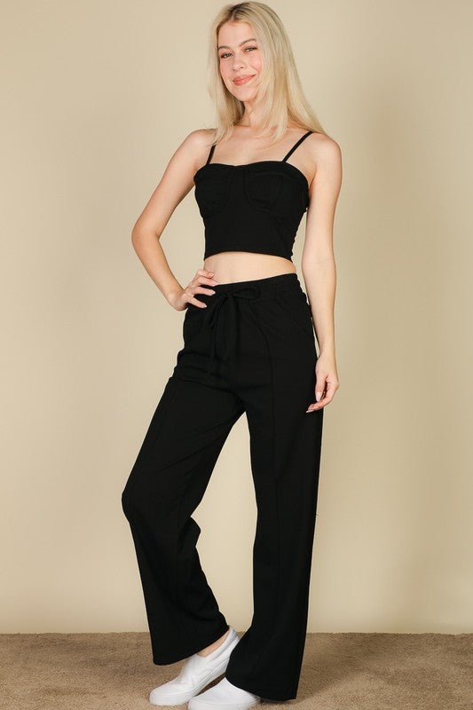 Women Soft  Bustier Crop Cami Top Slant Pocket Straight Pants Zarnesh