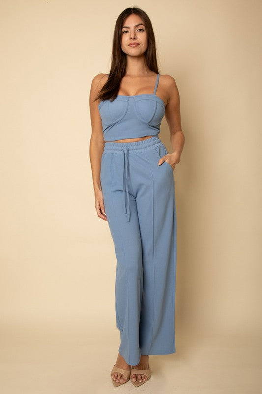Women Soft  Bustier Crop Cami Top Slant Pocket Straight Pants Zarnesh