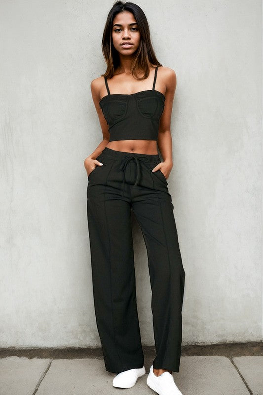 Women Soft  Bustier Crop Cami Top Slant Pocket Straight Pants Zarnesh