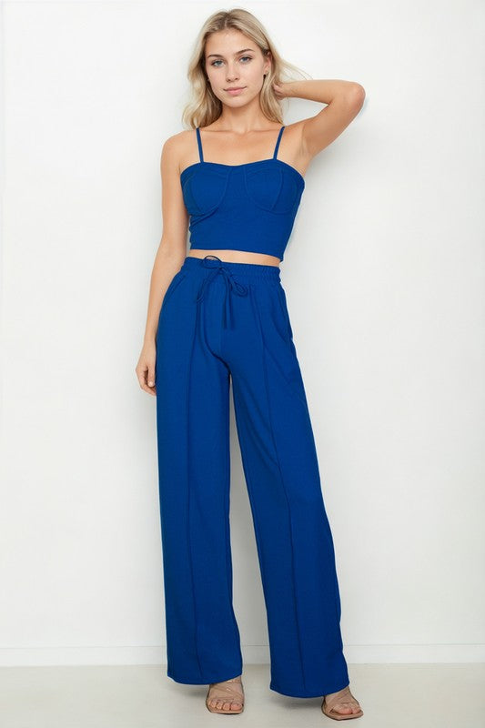 Women Soft  Bustier Crop Cami Top Slant Pocket Straight Pants Zarnesh