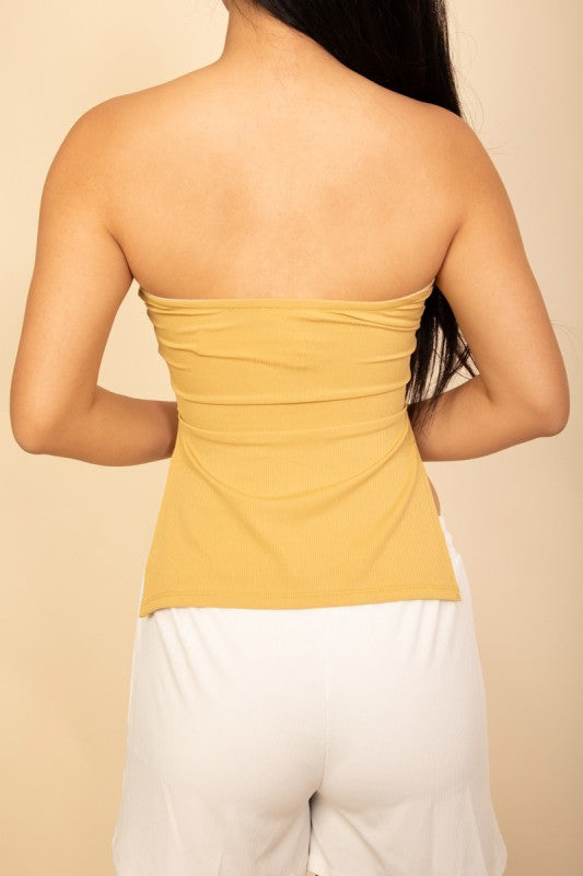 Women Soft Ribbed Strapless Ribbed Side Slit Flare Top Zarnesh