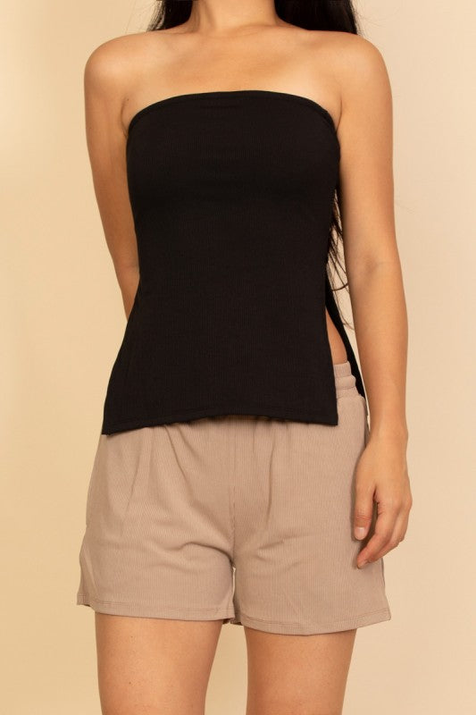 Women Soft Ribbed Strapless Ribbed Side Slit Flare Top Zarnesh