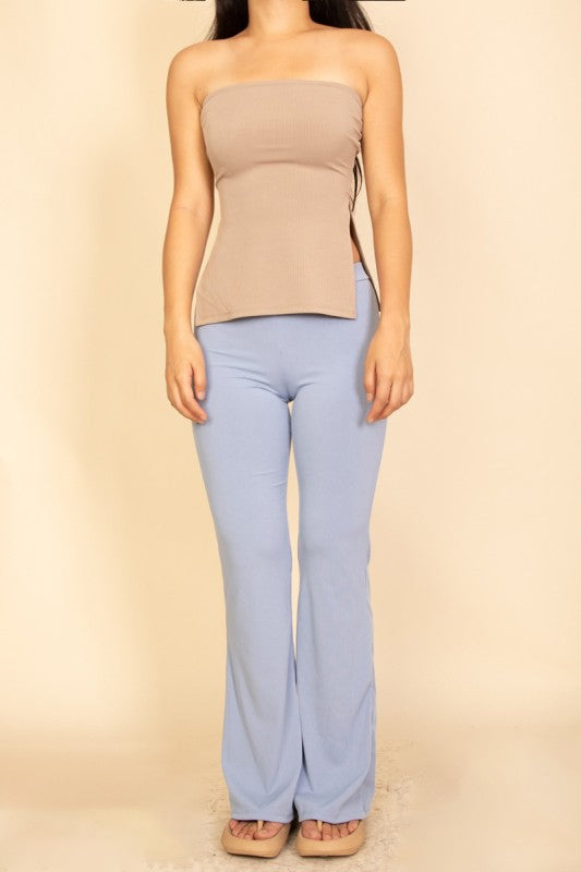 Women Soft Ribbed Strapless Ribbed Side Slit Flare Top Zarnesh