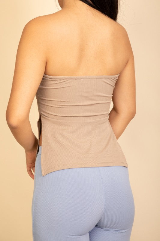 Women Soft Ribbed Strapless Ribbed Side Slit Flare Top Zarnesh