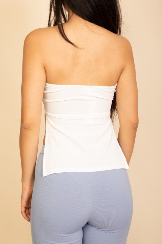 Women Soft Ribbed Strapless Ribbed Side Slit Flare Top Zarnesh