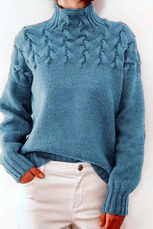 Women Soft Warm Mock Neck Oversized Chunky Cable Knit Sweater Zarnesh