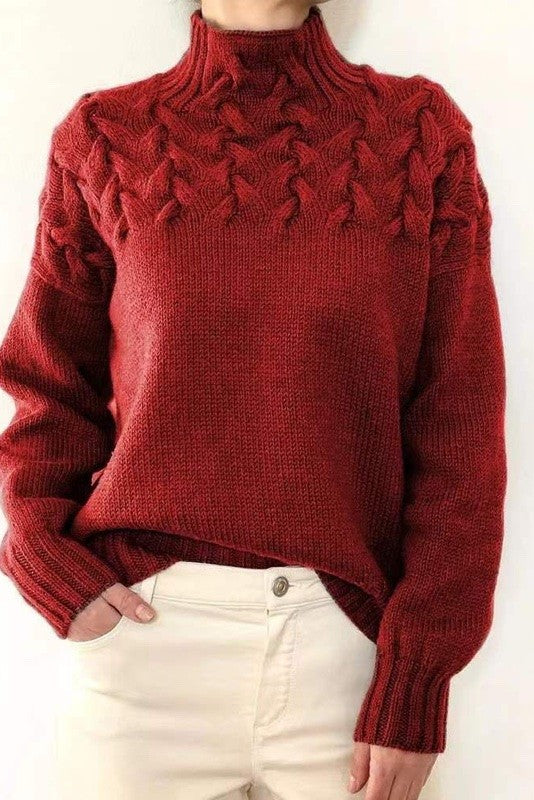 Women Soft Warm Mock Neck Oversized Chunky Cable Knit Sweater Zarnesh