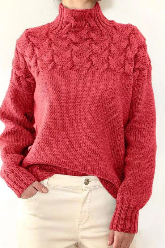 Women Soft Warm Mock Neck Oversized Chunky Cable Knit Sweater Zarnesh