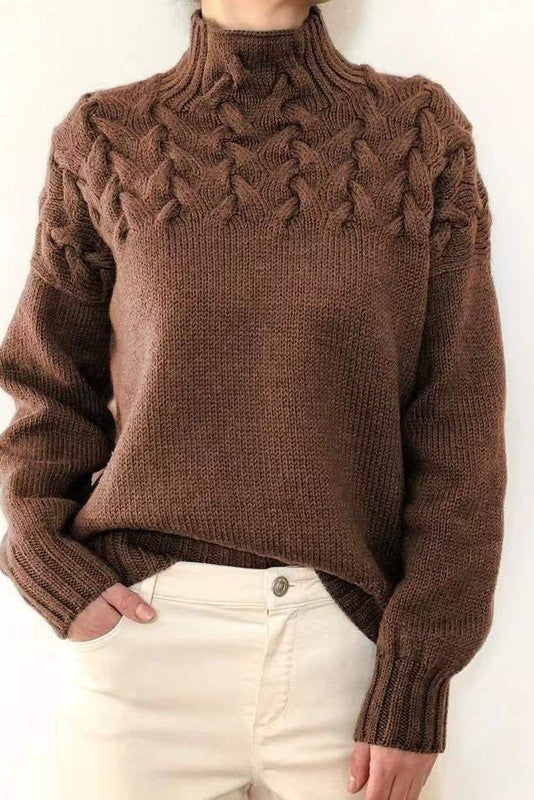 Women Soft Warm Mock Neck Oversized Chunky Cable Knit Sweater Zarnesh