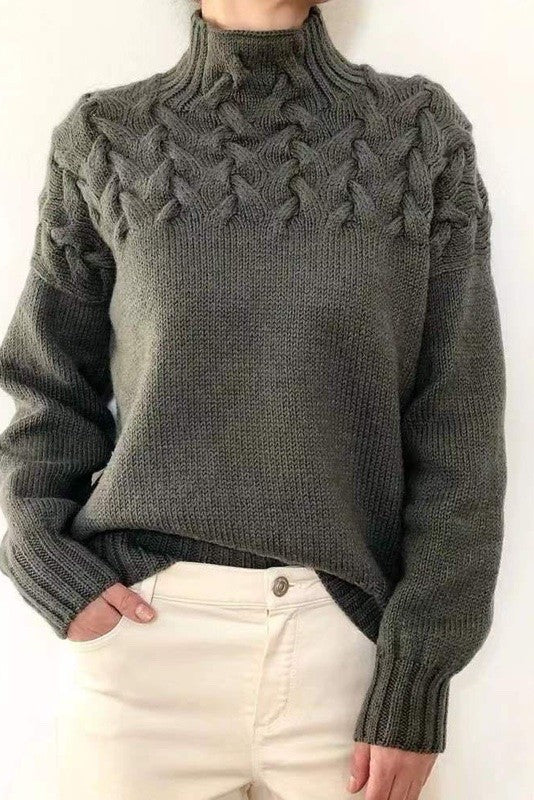 Women Soft Warm Mock Neck Oversized Chunky Cable Knit Sweater Zarnesh