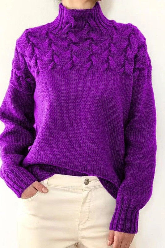 Women Soft Warm Mock Neck Oversized Chunky Cable Knit Sweater Zarnesh