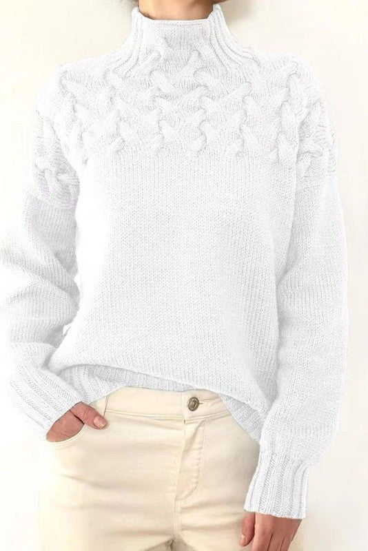 Women Soft Warm Mock Neck Oversized Chunky Cable Knit Sweater Zarnesh