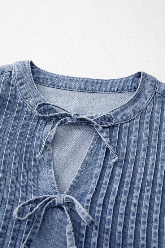 Women’s Solid Denim Pleated Bow Tie Puff Sleeve Top | Zarnesh