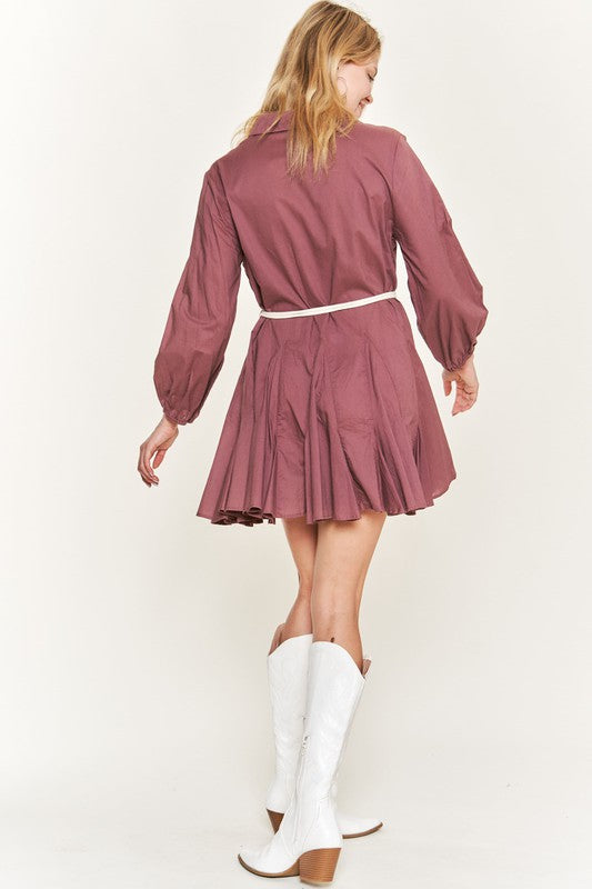 Women Solid Flare Shirt Dress With Belt Elastic Sleeve KRD4190 Zarnesh