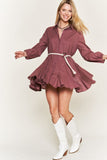 Women Solid Flare Shirt Dress With Belt Elastic Sleeve KRD4190 Zarnesh