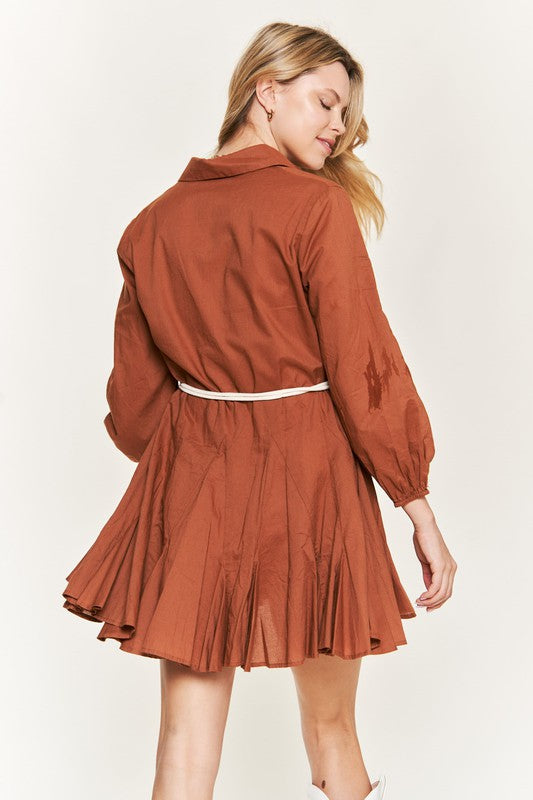 Women Solid Flare Shirt Dress With Belt Elastic Sleeve KRD4190 Zarnesh