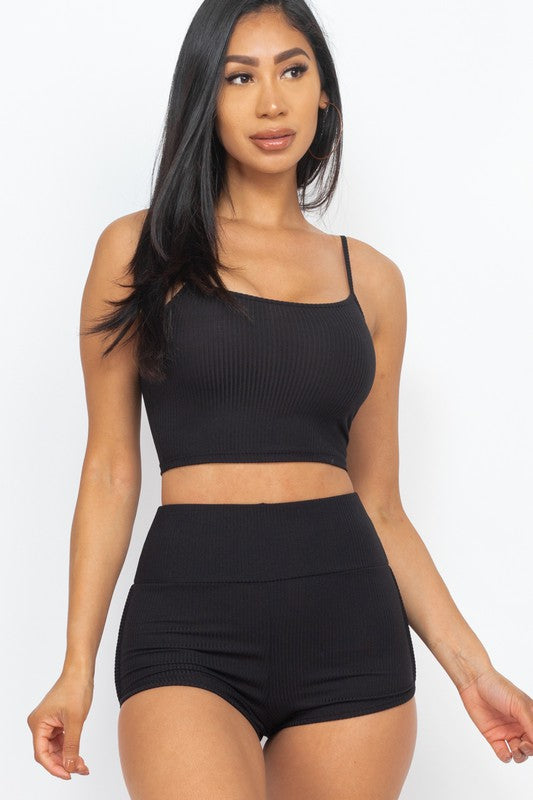 Women Spaghetti Strap Ribbed Top Biker Shorts Set | Zarnesh