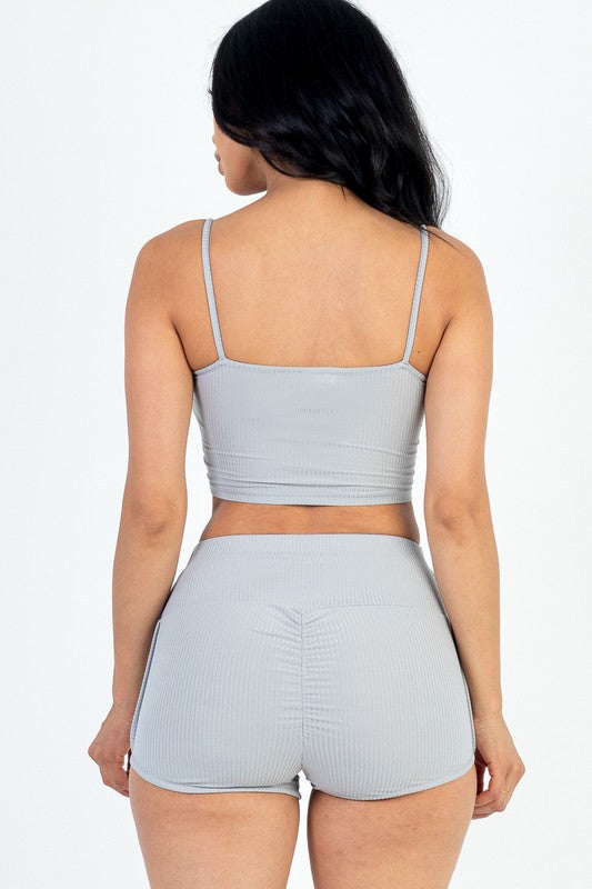 Women Spaghetti Strap Ribbed Top Biker Shorts Set | Zarnesh