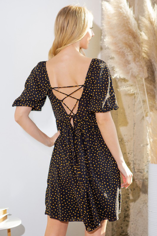 Women Spaghetti Tie Back Puff Sleeve Lined Skirt Woven Dress Zarnesh