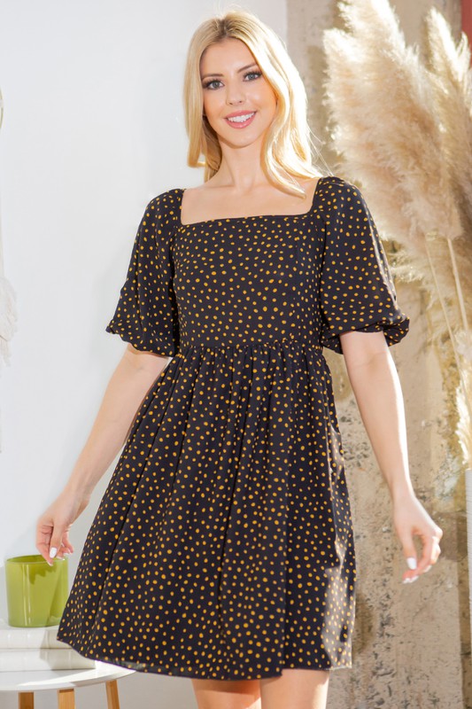 Women Spaghetti Tie Back Puff Sleeve Lined Skirt Woven Dress Zarnesh