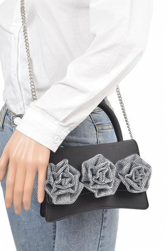 Women Sparkle Flower Top Handle Shoulder Chain Clutch Bag Zarnesh