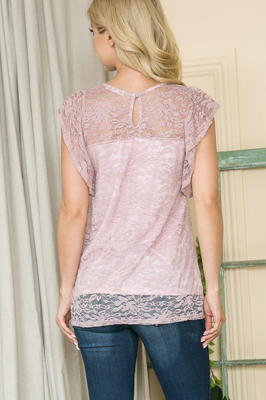 Women Stretch Lace Flutter Sleeve Button Shot Sleeve Top Zarnesh