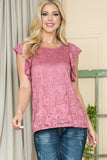 Women Stretch Lace Flutter Sleeve Button Shot Sleeve Top Zarnesh