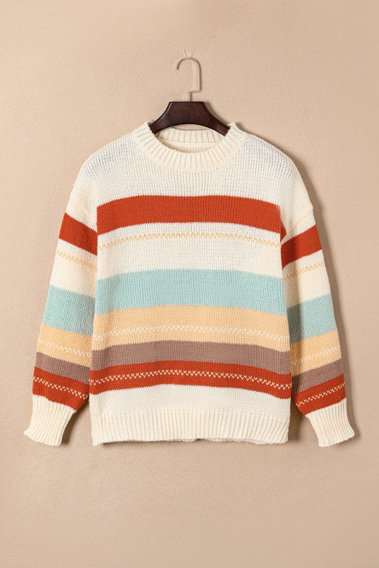 Women's Stripe Colorblock Crewneck Drop Shoulder Sweater | Zarnesh
