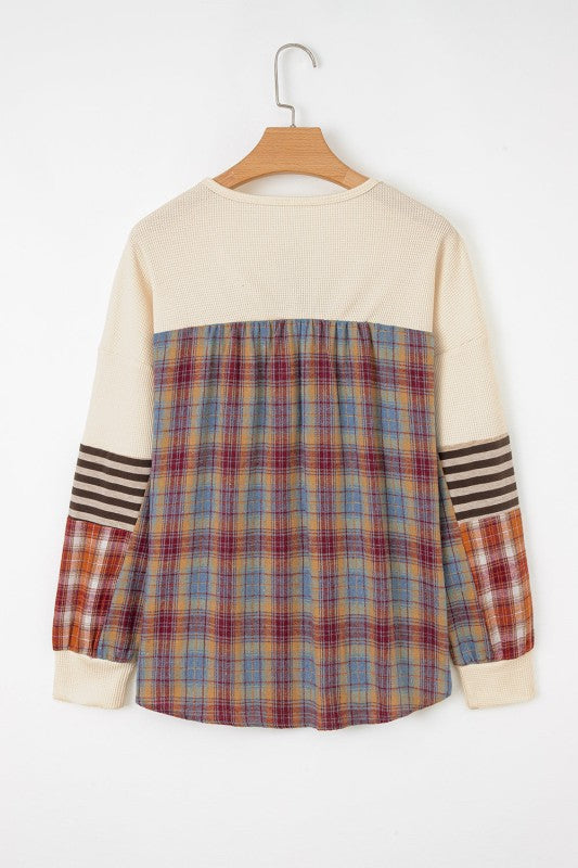 Women’s Stripe Plaid Patchwork Waffle Top | Zarnesh