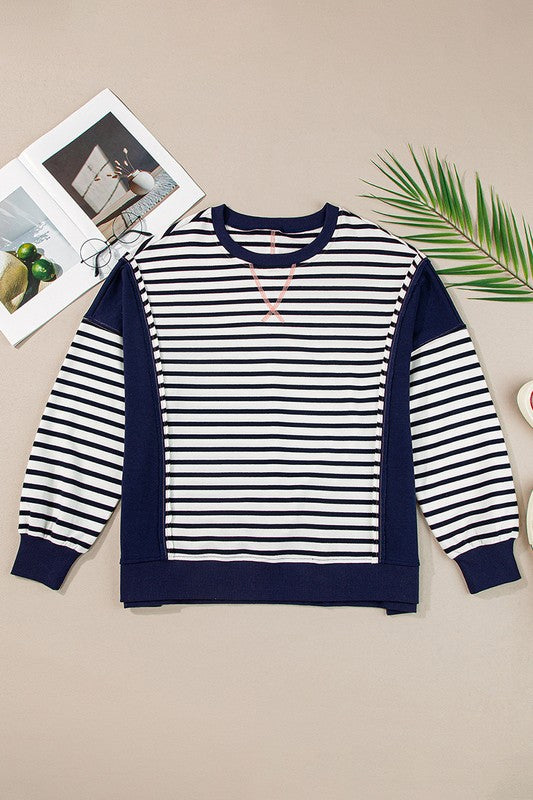 Women Striped Pattern Block Exposed Seam Loose Fit Sweatshirt Zarnesh