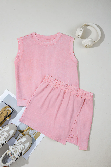 Women Summer 2 Pieces Cotton Tank Top Lined Split Skirt Set Zarnesh