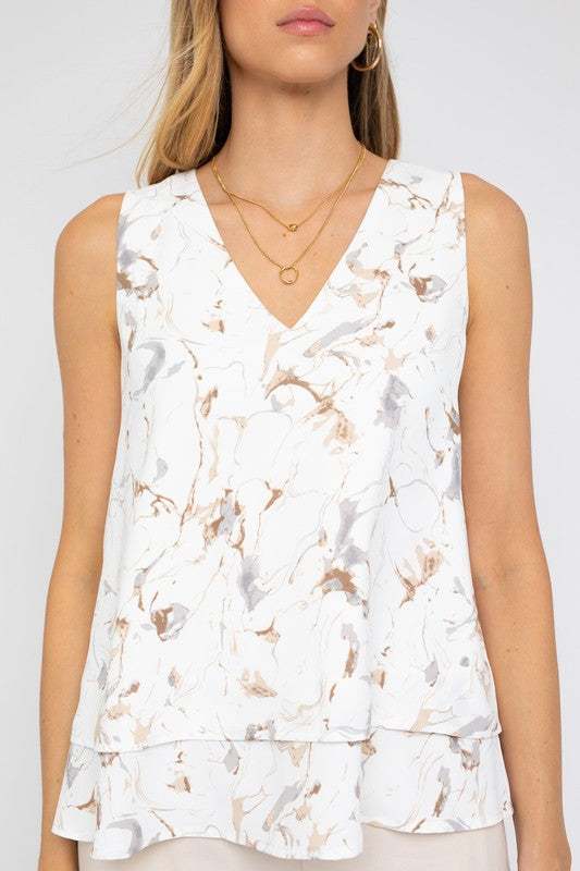 Women Summer Sleeveless V Neck Layered Bottom Abstract Top Zarnesh