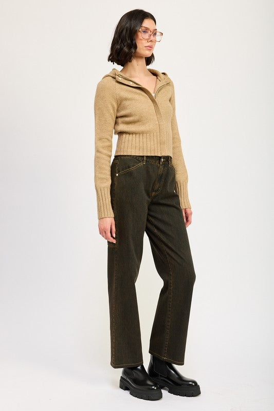 Women Cropped Long Sleeves Attached Hoodie Zip Up Sweater Zarnesh