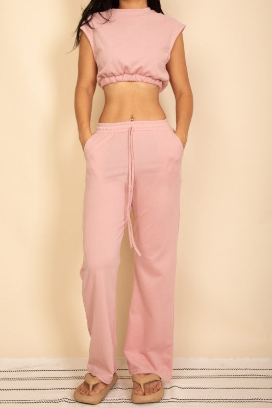 Women French Terry Crop Top Wide Leg Pants Set | Zarnesh