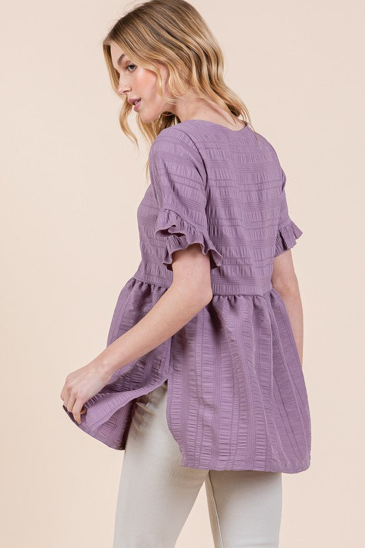 Women Textured Ruffle Sleeve Round Neck Pullover Tunic Tops Zarnesh
