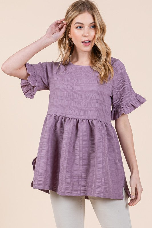 Women Textured Ruffle Sleeve Round Neck Pullover Tunic Tops Zarnesh