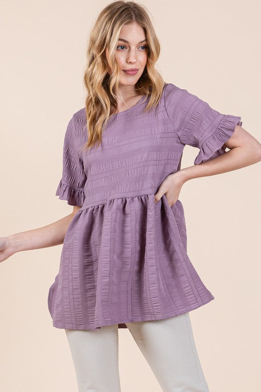 Women Textured Ruffle Sleeve Round Neck Pullover Tunic Tops Zarnesh