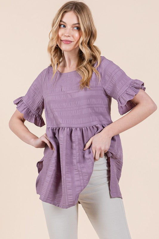 Women Textured Ruffle Sleeve Round Neck Pullover Tunic Tops Zarnesh