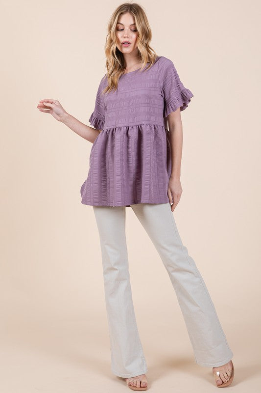 Women Textured Ruffle Sleeve Round Neck Pullover Tunic Tops Zarnesh