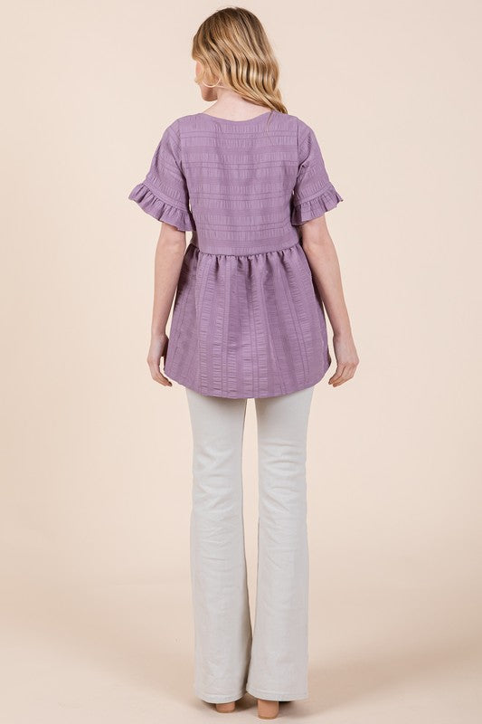 Women Textured Ruffle Sleeve Round Neck Pullover Tunic Tops Zarnesh