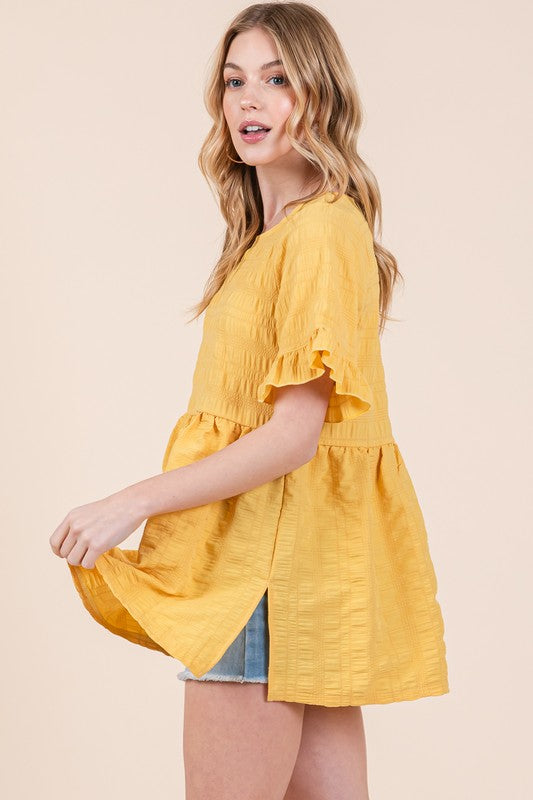 Women Textured Ruffle Sleeve Round Neck Pullover Tunic Tops Zarnesh